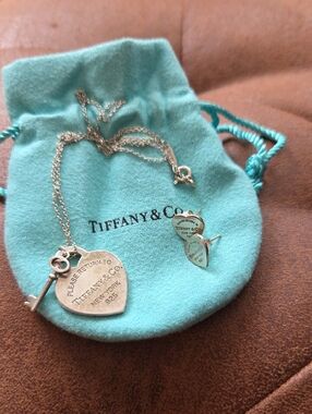 Tiffany & Co. Silver Heart Tag and Key Pendant Necklace 16" And Earrings